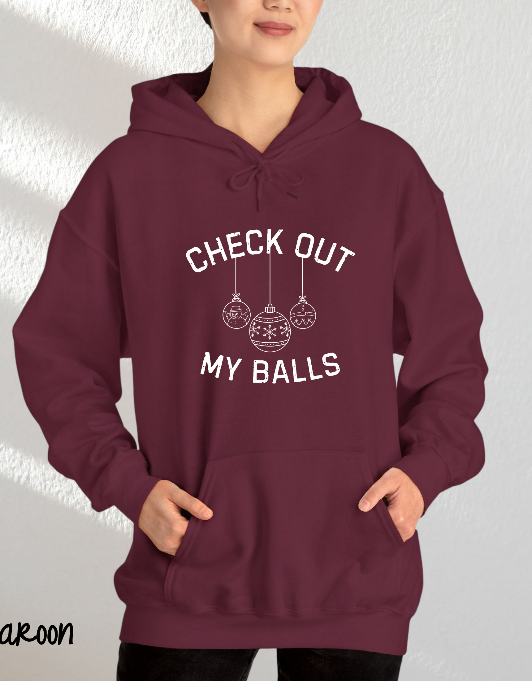 Out My Balls Funny Christmas Hoodie Bold & Offensive Holiday Hoodies for Women