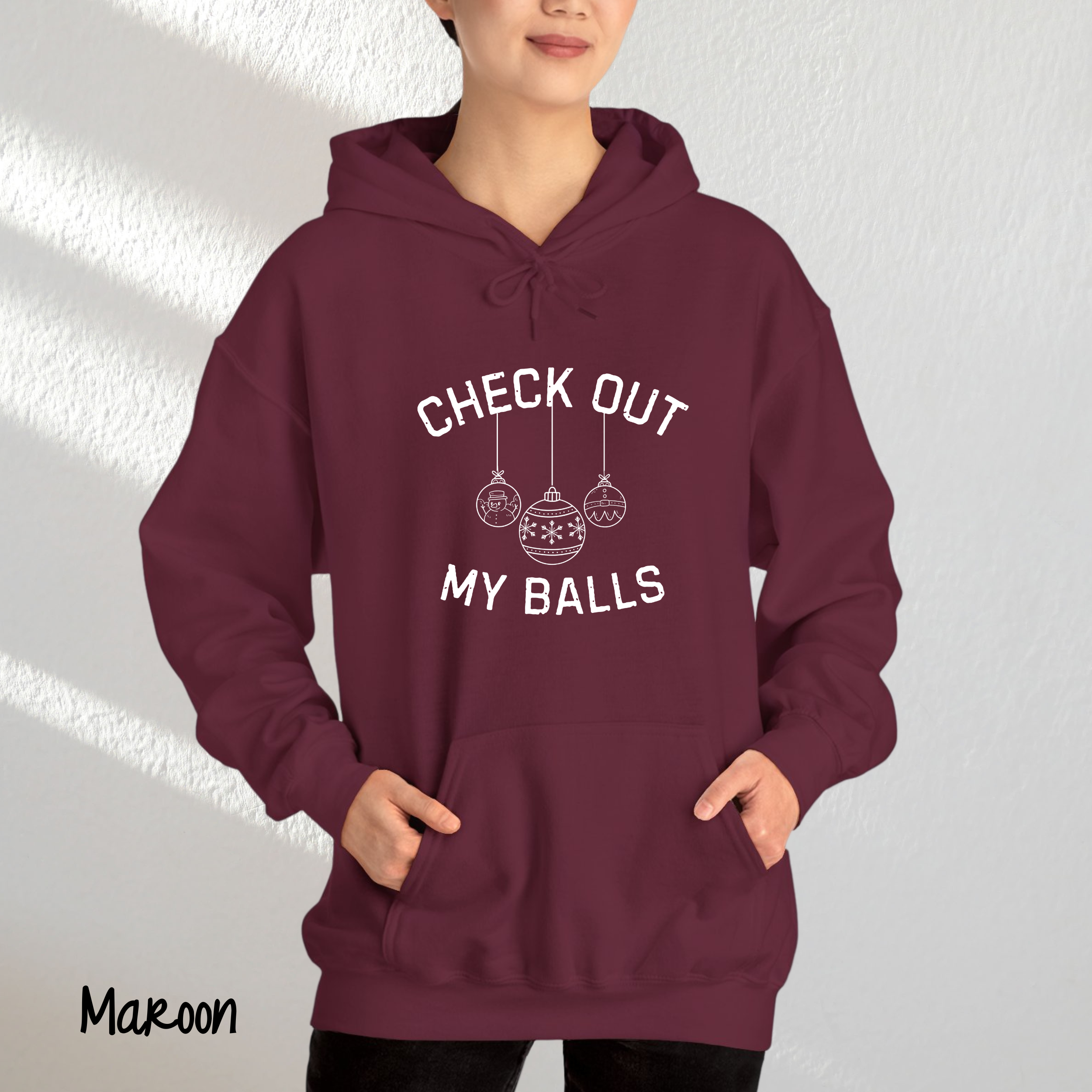 Out My Balls Funny Christmas Hoodie Bold & Offensive Holiday Hoodies for Women