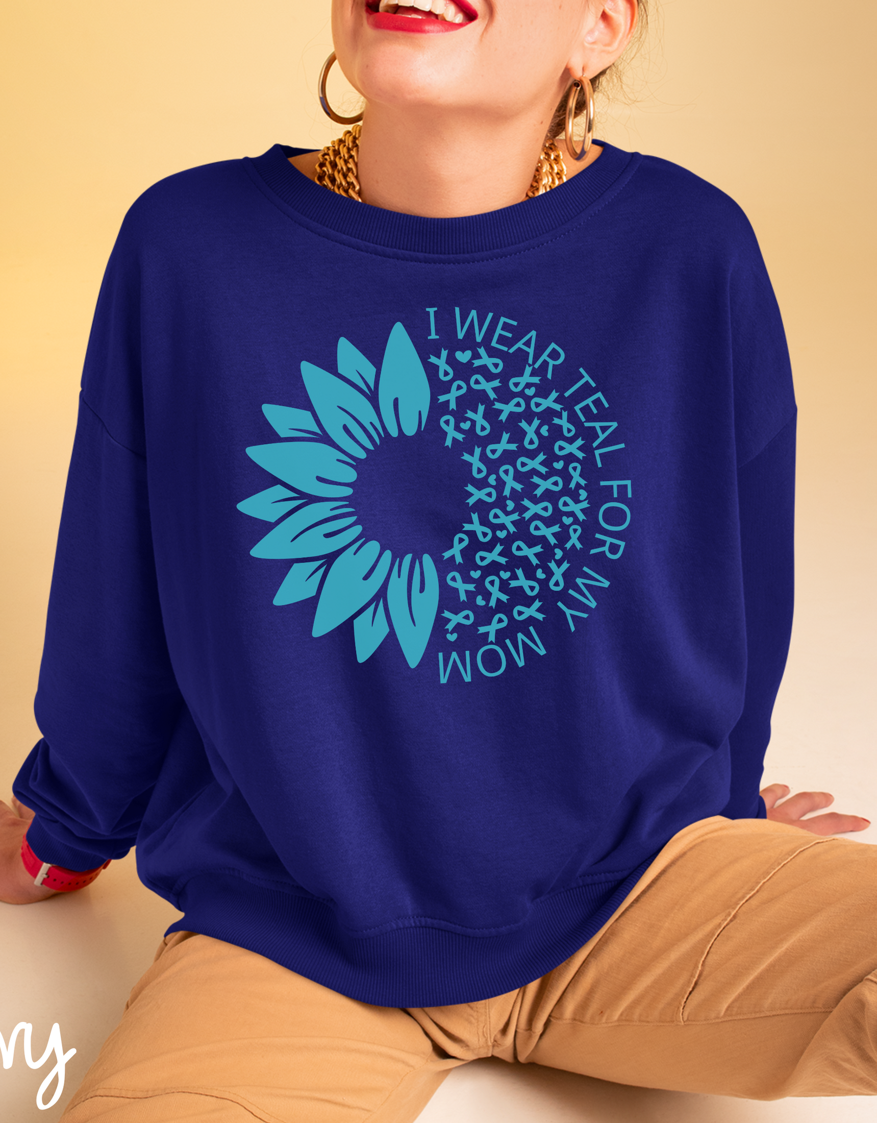 Ovarian Cancer Awareness Sweater, Teal Cancer Ribbon Gift, I Wear Teal For My Mom Sweater, Fight Against Ovarian Cancer