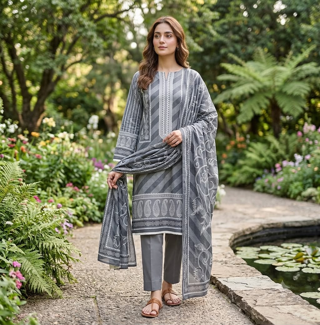 3 Piece Printed Lawn Shirt with Plain Trouser & Voile Dupatta