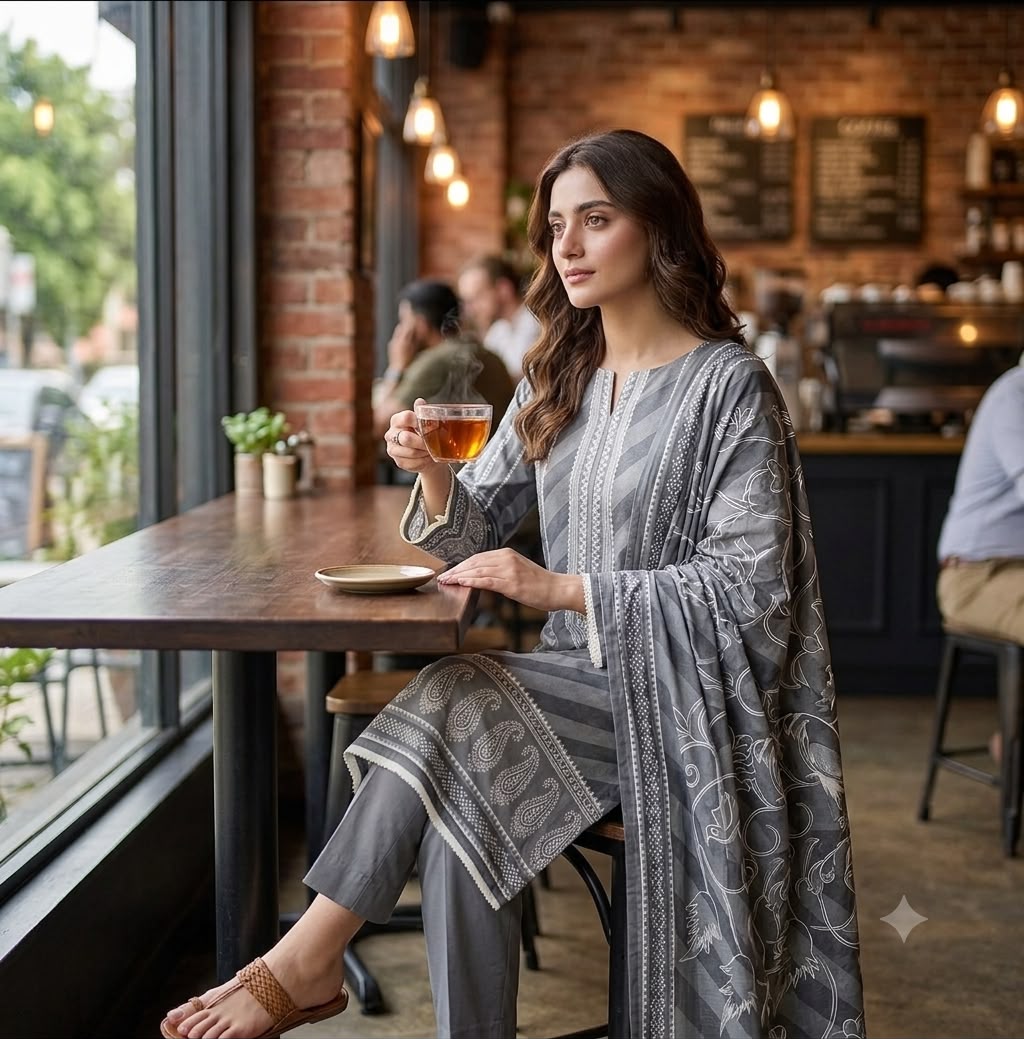 3 Piece Printed Lawn Shirt with Plain Trouser & Voile Dupatta