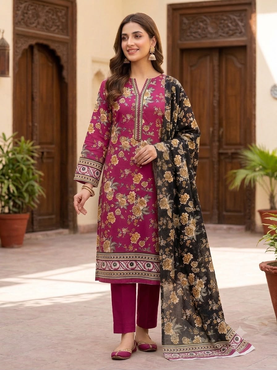 Women's Printed Lawn 3 Piece Suit