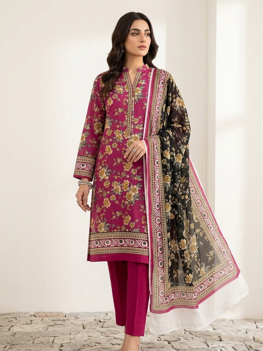 Women's Printed Lawn 3 Piece Suit